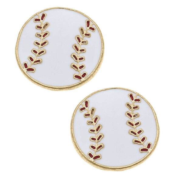 Baseball Enamel Stud Earrings in White - Picture 1 of 1